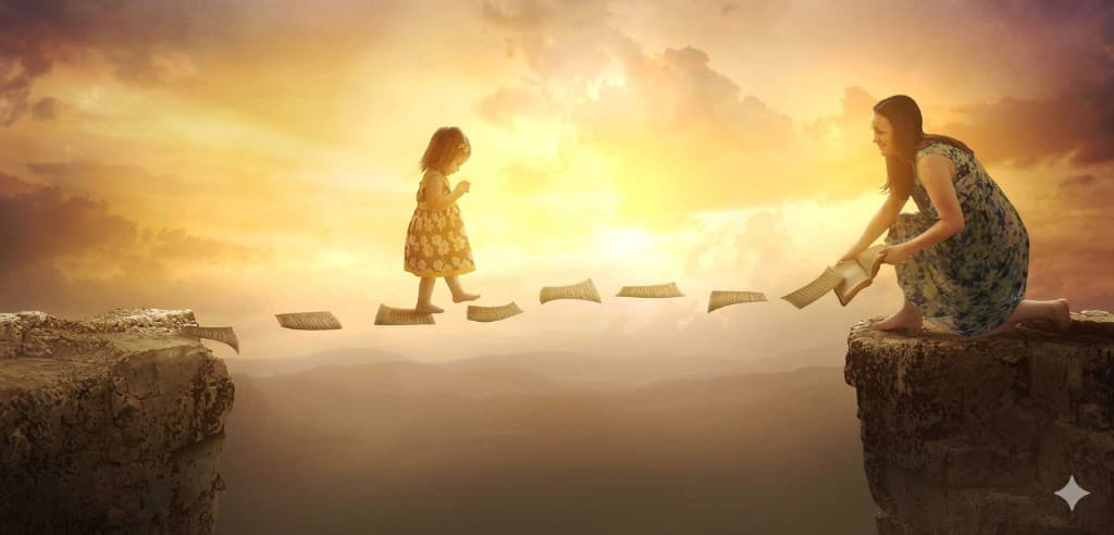 Illustration symbolique de l'accompagnement et du cheminement : une femme et un enfant reliés par les pages d'un livre, sur un fond de ciel aux couleurs chaudes.